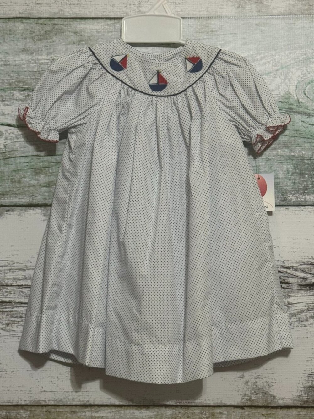 Petit Ami White Navy Dot Embroidered Sailboat Dress 12 Months